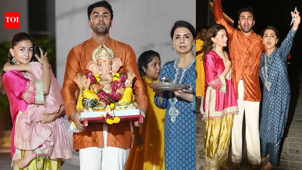 Ranbir Kapoor, Alia Bhatt, Neetu Kapoor perform Ganpati Visarjan, hide Raha’s face while posing for the paparazzi, chant ‘Ganpati Bappa Morya’ – PICS inside |