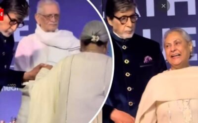Amitabh Bachchan plays the doting husband; helps Jaya Bachchan on stage at book launch event with Gulzar- WATCH |