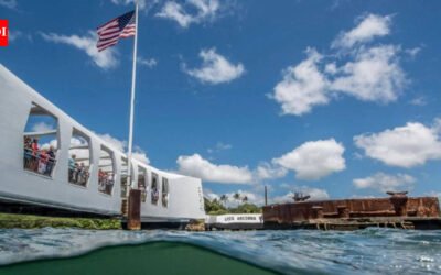In 1961, Elvis Presley raised $65,000 toward the USS Arizona Memorial; a year later, the 184-foot structure opened above the Pearl Harbor wreck, where more than 900 crewmen remain entombed and oil still leaks