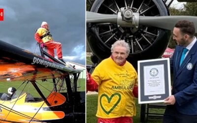99-year-old Helga Duffy strapped herself to a plane’s wing and flew through the skies to break the record for the oldest female wing-walker, while raising £1,300 for an air ambulance | World News