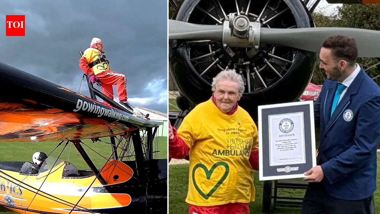 99-year-old Helga Duffy strapped herself to a plane’s wing and flew through the skies to break the record for the oldest female wing-walker, while raising £1,300 for an air ambulance | World News