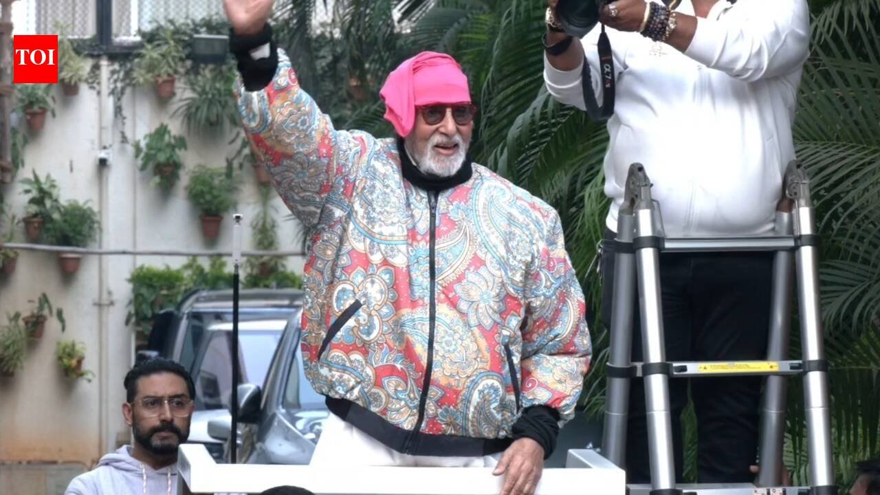 Amid bomb threat email and health concerns, Amitabh Bachchan greets fans outside Jalsa, protective son Abhishek Bachchan joins his father |