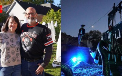 A Michigan father and his family have added a pirate ship to their front-yard Halloween world, complete with blue lighting and skeleton sailors, with live actors set to take over on October 31